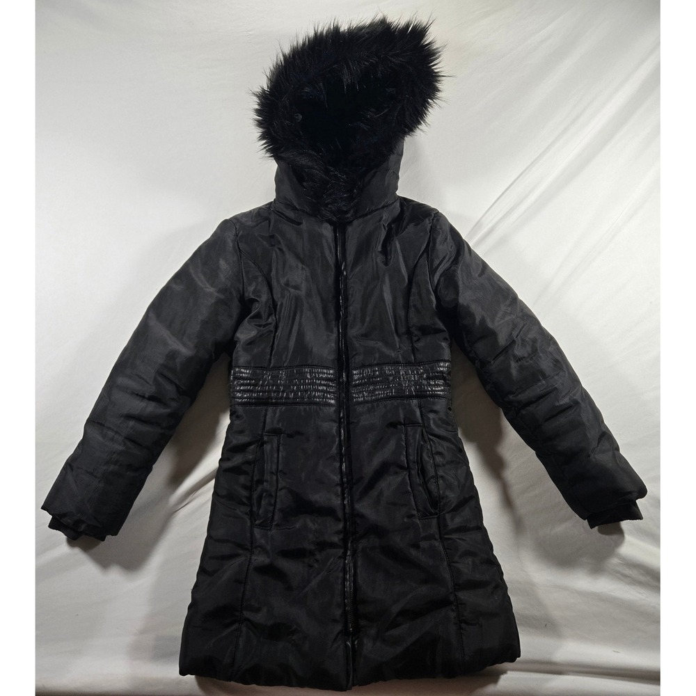 GUESS Black Winter Puffer Coat Jacket Faux Fur Hood Size M 10-12 Long Outerwear